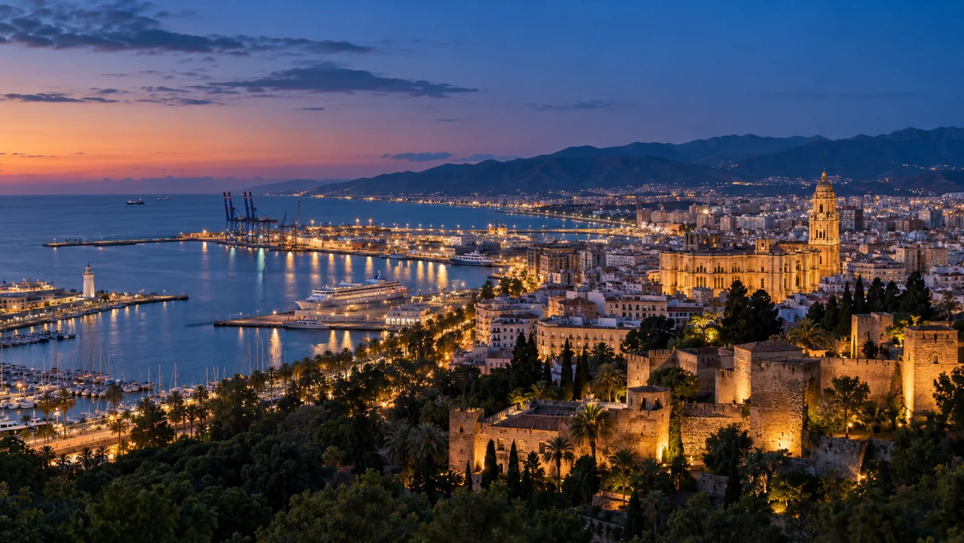 Málaga port, cathedral and Alcazaba at blue hour