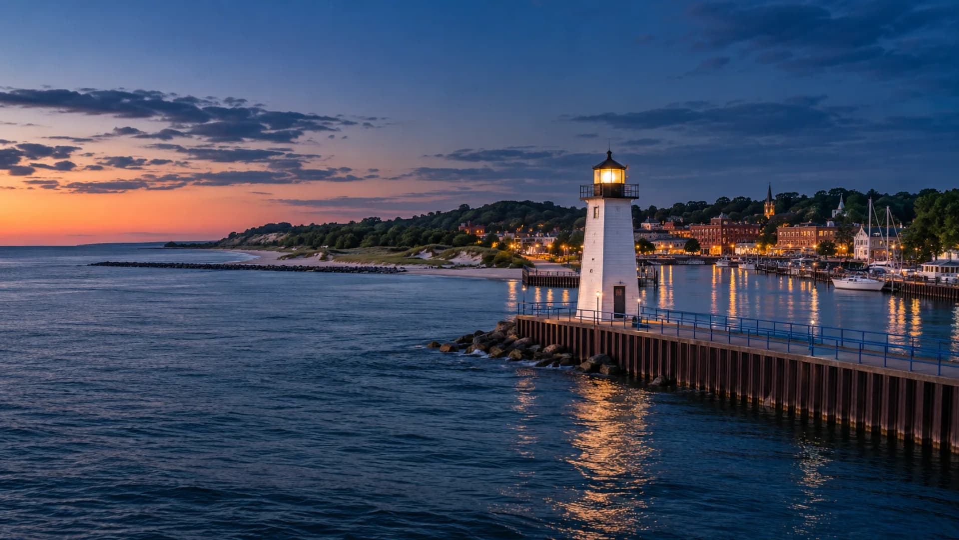 Manistee harbor and Lake Michigan lighthouse at blue hour