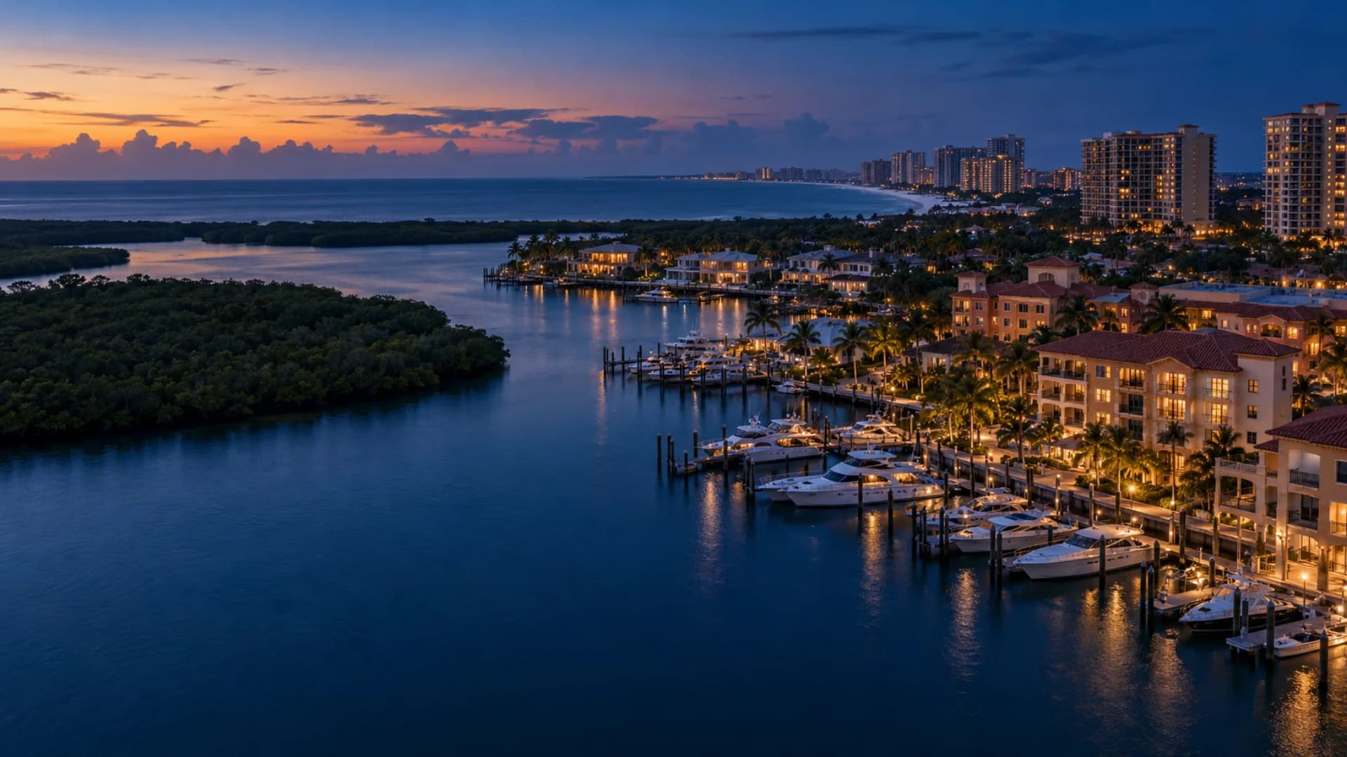 Marco Island marina and Gulf Coast at blue hour