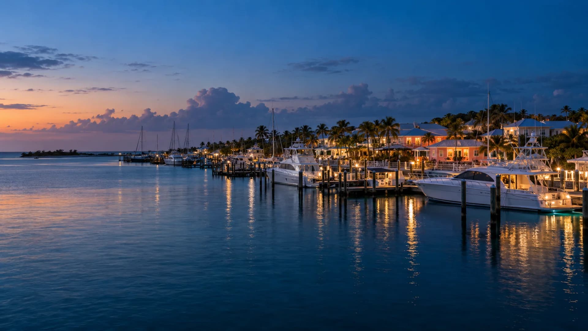 Marsh Harbour marina and Abaco water at blue hour