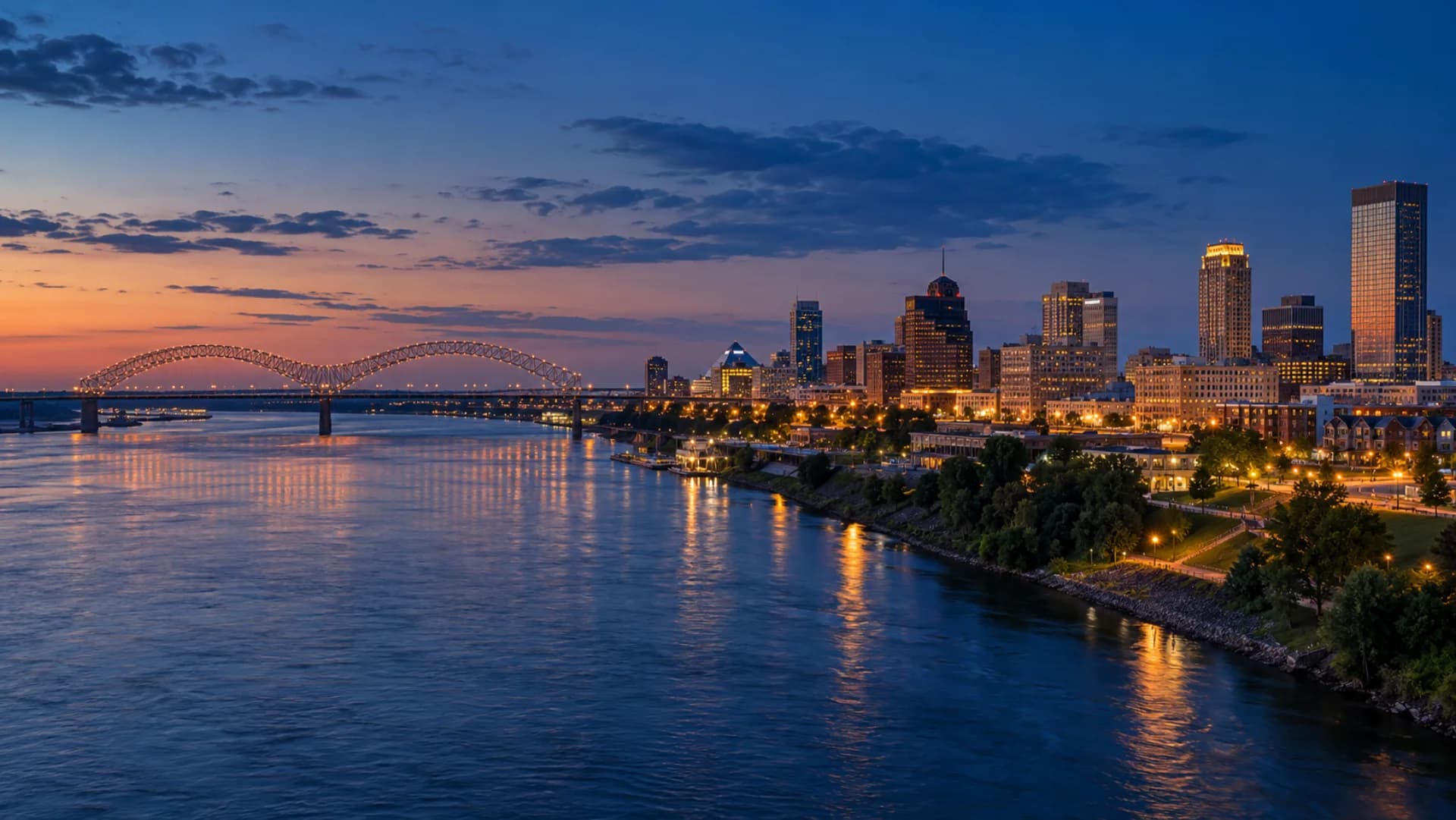 Memphis skyline and the Mississippi River at blue hour