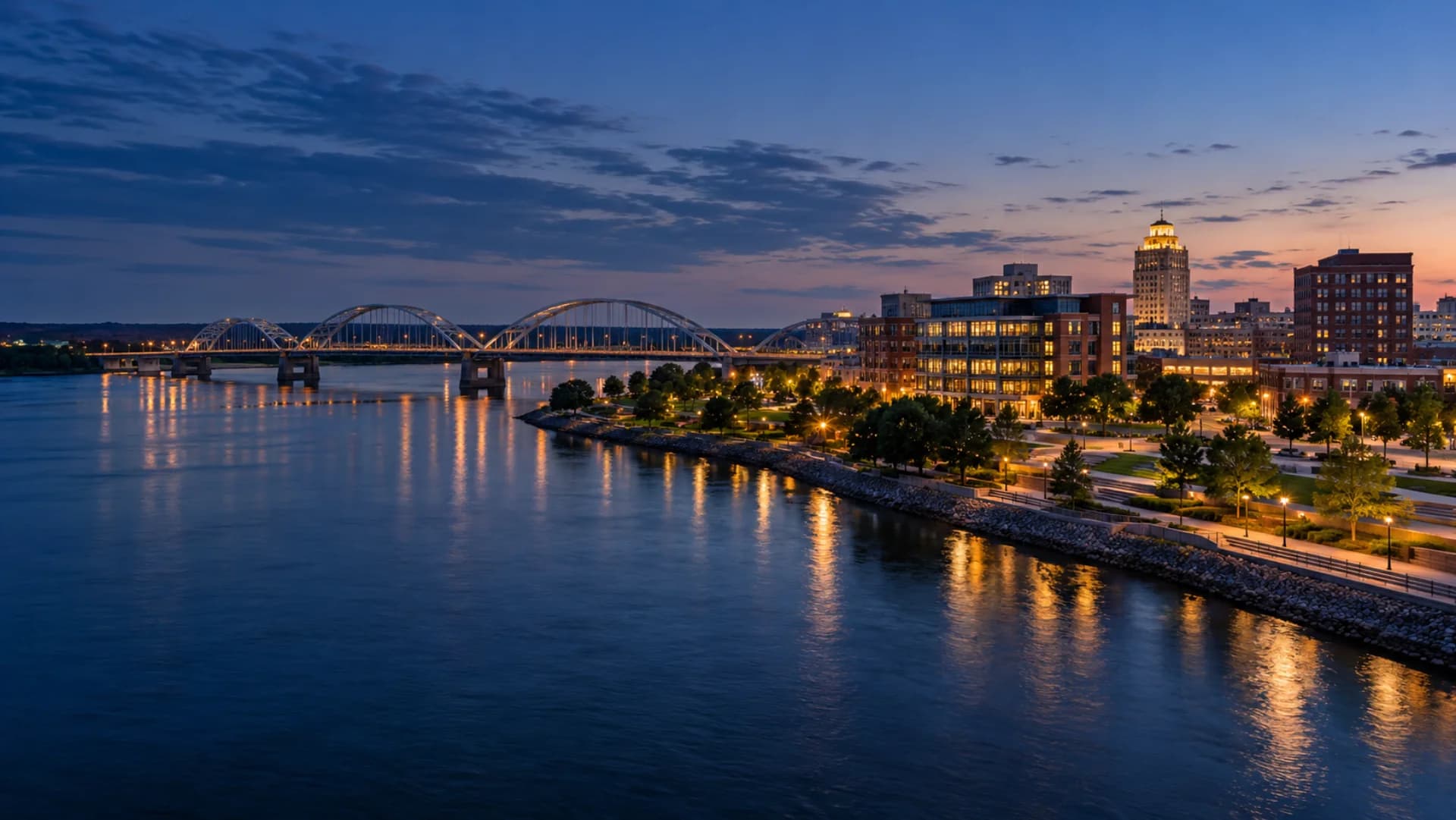 Moline riverfront and Mississippi River at blue hour