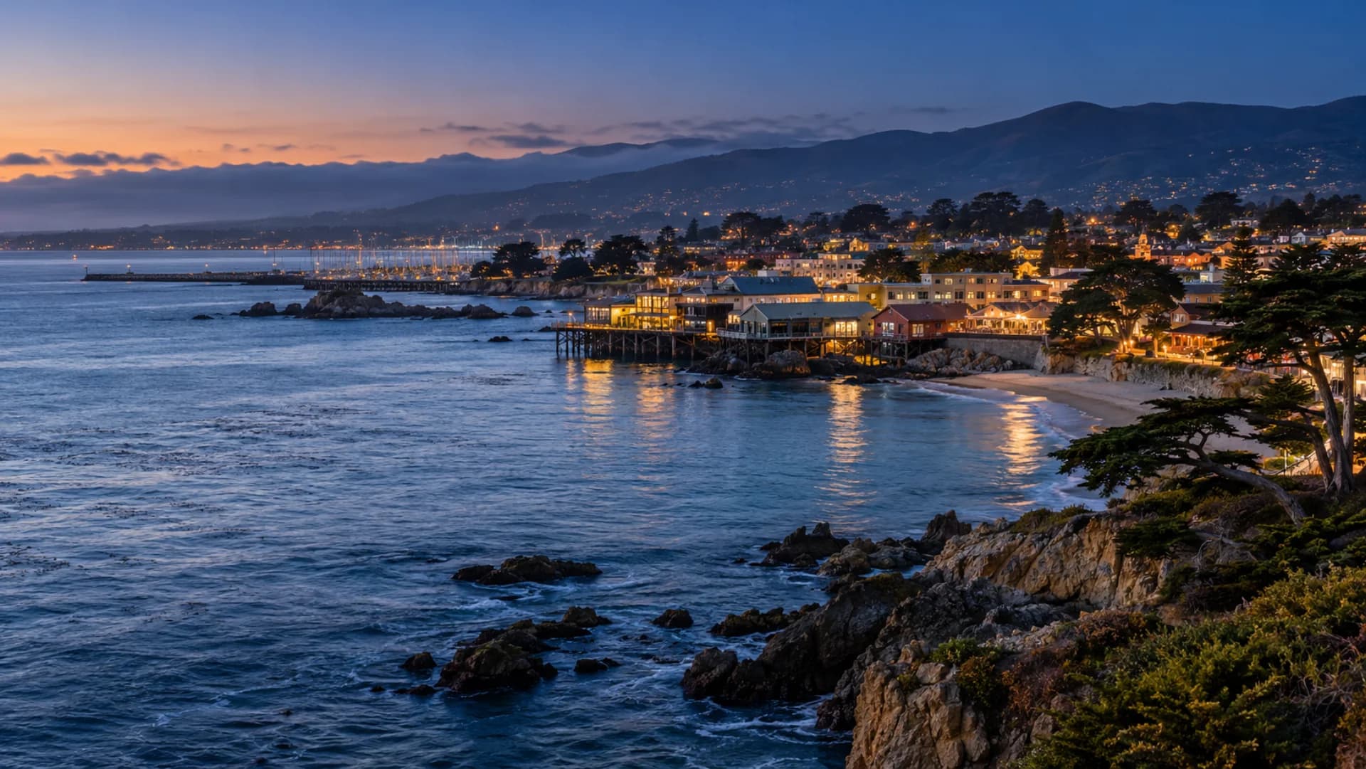 Monterey Bay and Cannery Row at blue hour