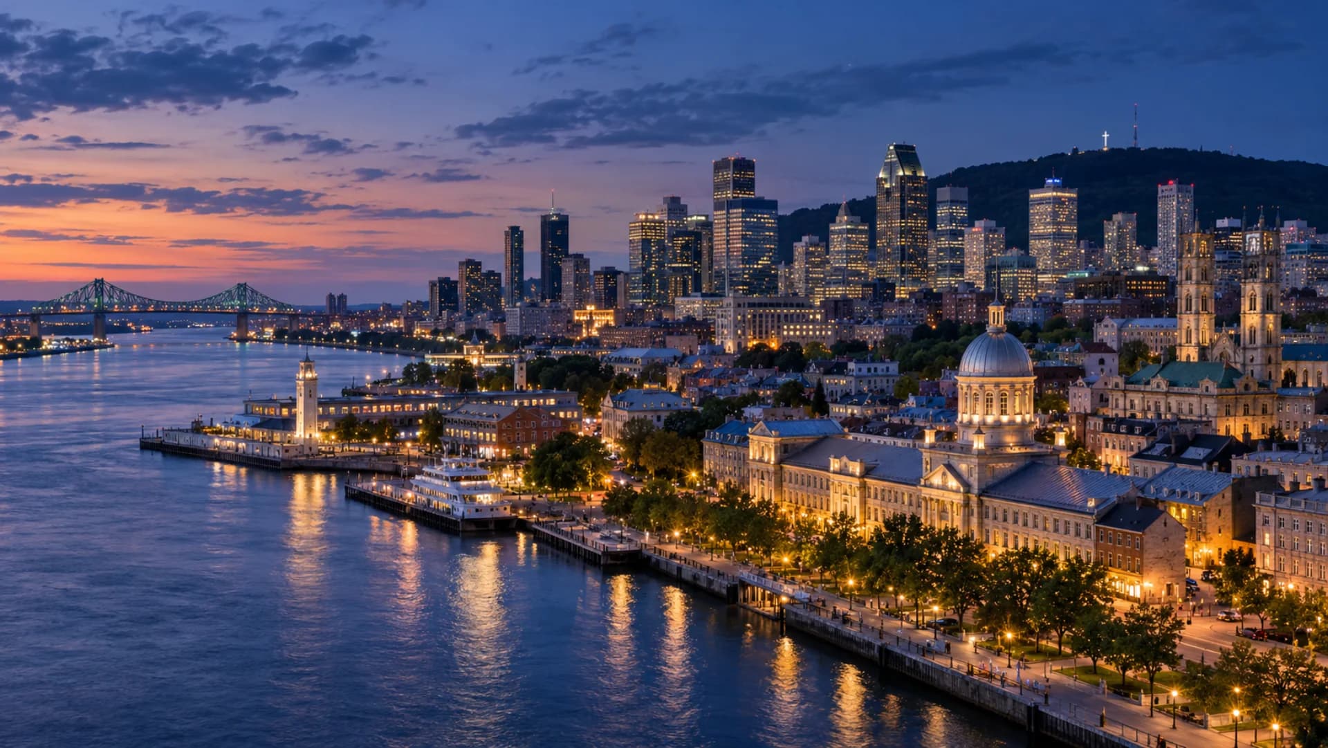 Montréal, the Saint Lawrence River and Mount Royal at blue hour