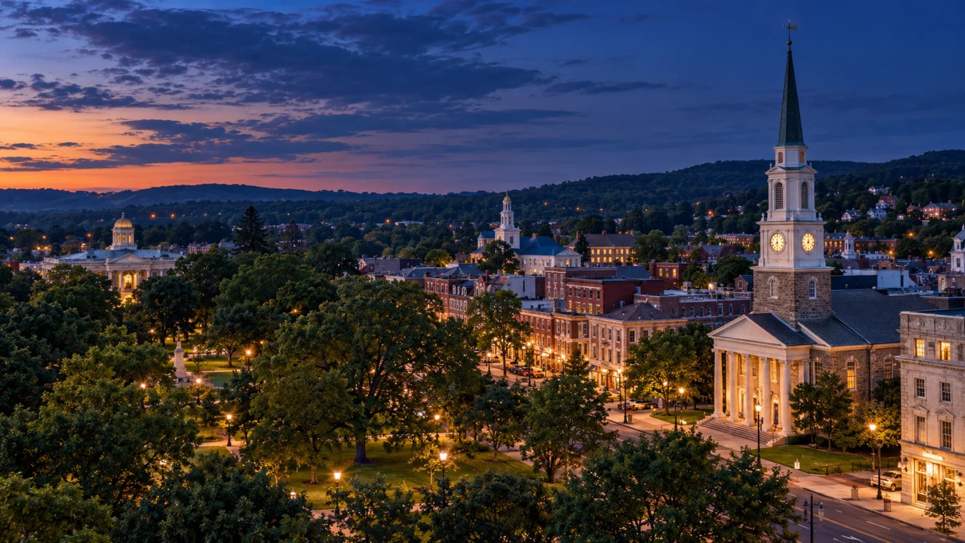 Historic Morristown, New Jersey at blue hour
