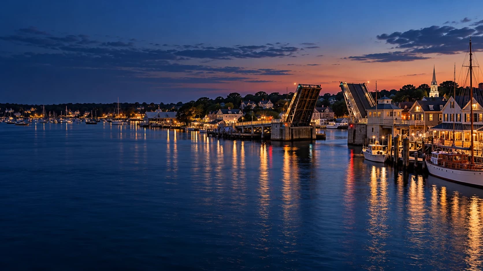 Mystic riverfront and bascule bridge at blue hour