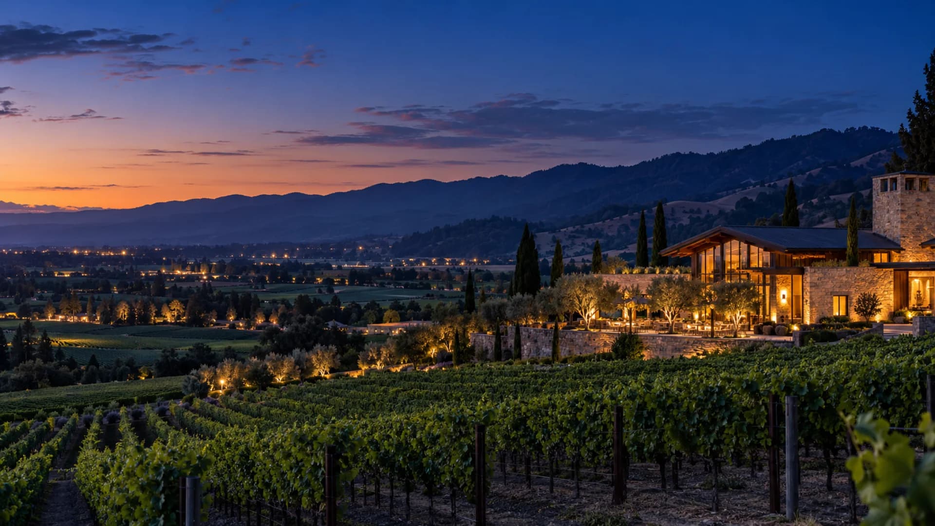 Napa Valley vineyards at blue hour