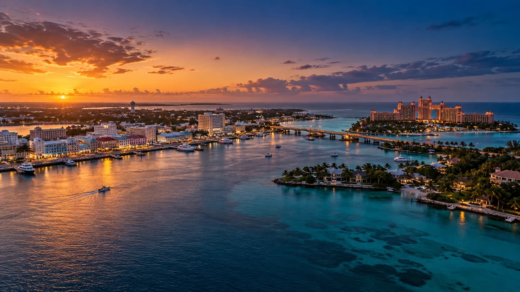 Nassau harbour and Paradise Island at blue hour