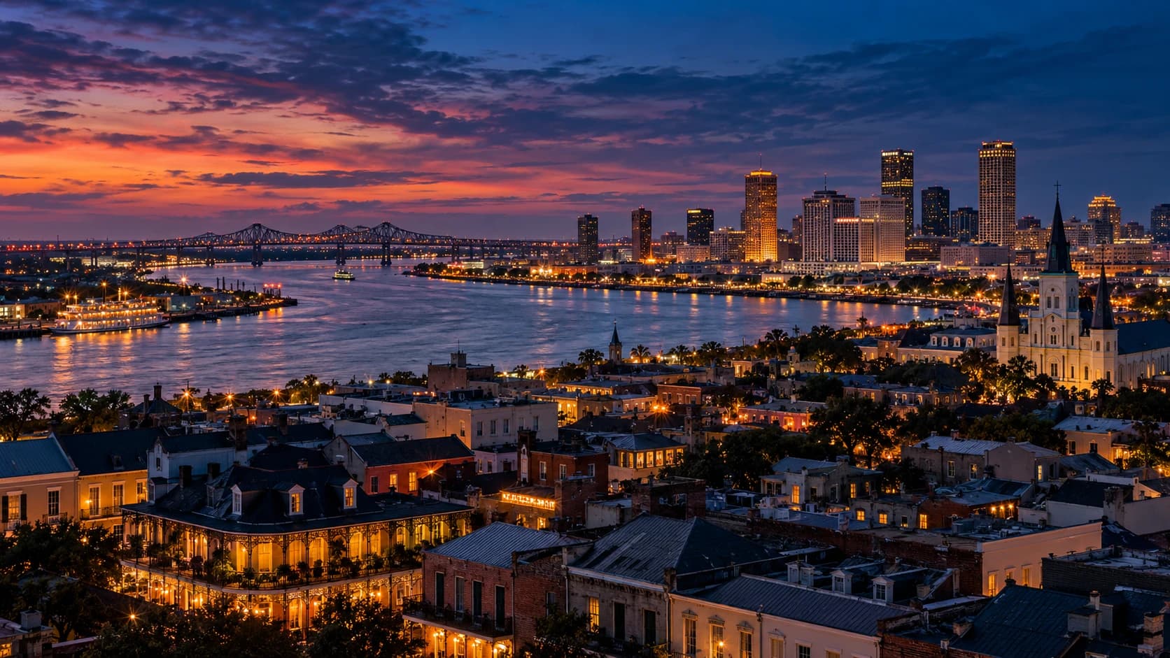 New Orleans skyline and the Mississippi River at blue hour