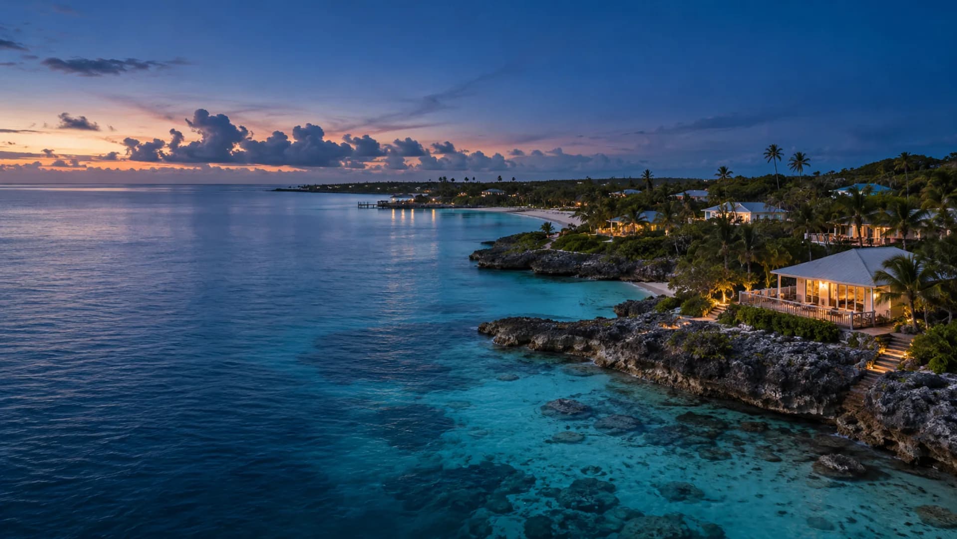 North Eleuthera coastline and turquoise Bahamian shallows at blue hour