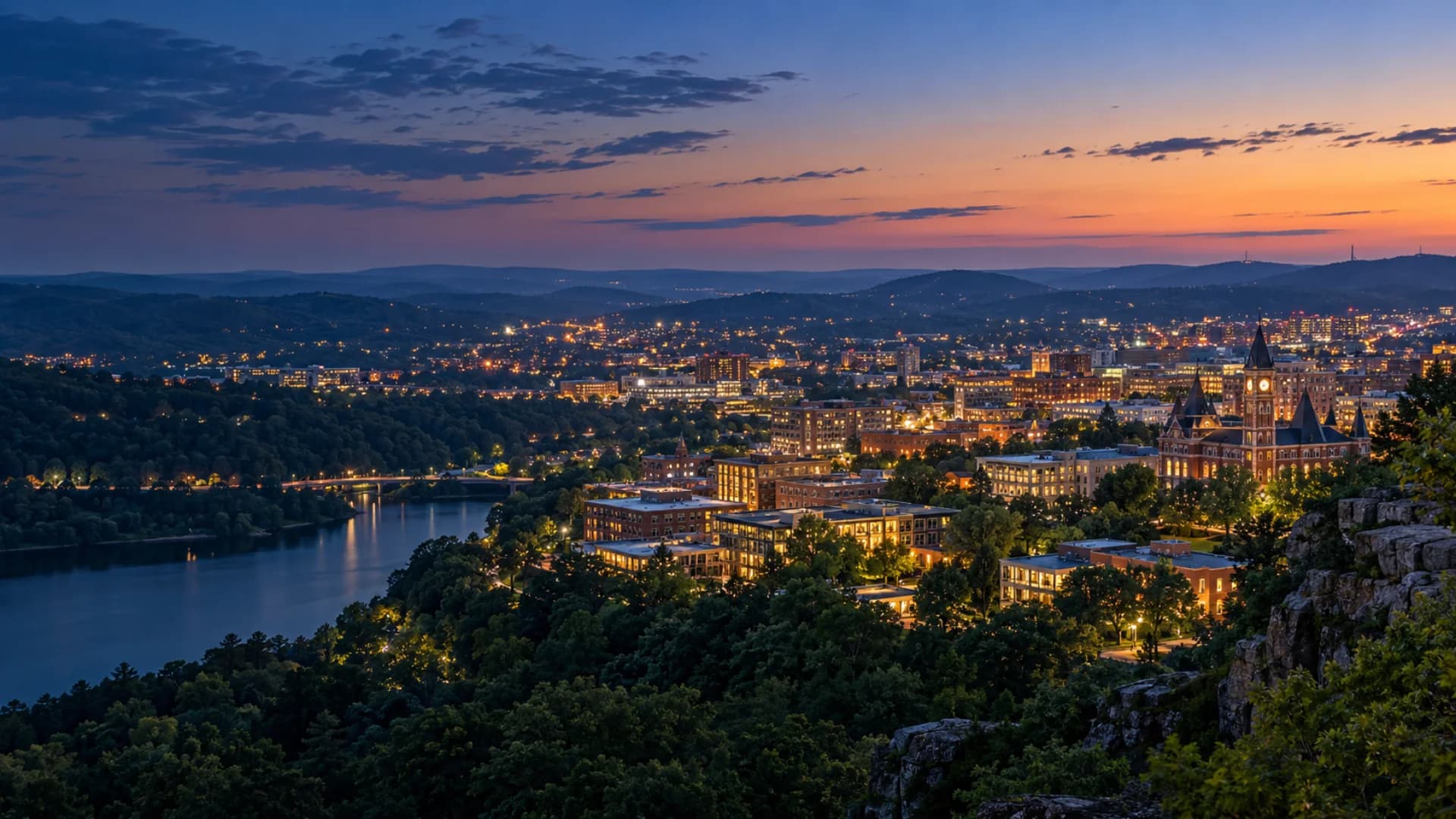 Northwest Arkansas and the Ozark hills at blue hour