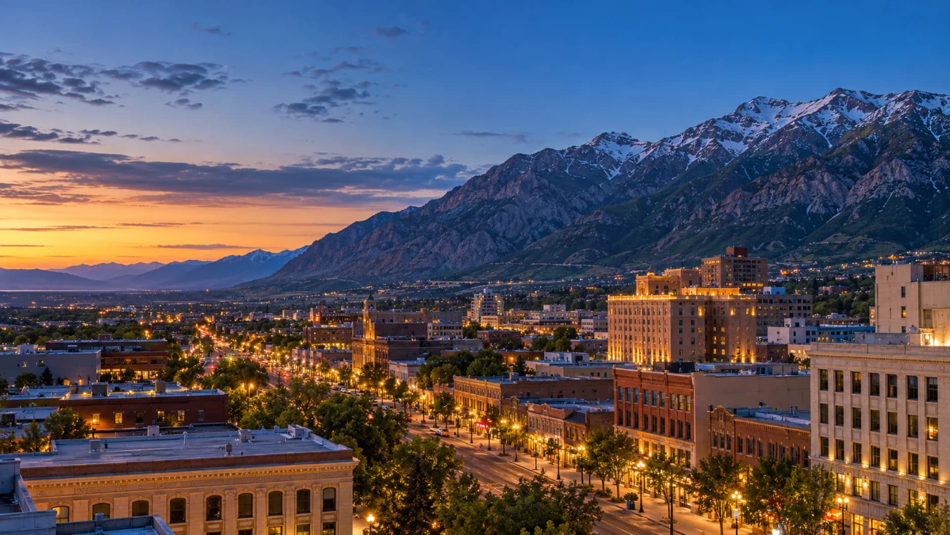 Downtown Ogden and the Wasatch Mountains at blue hour