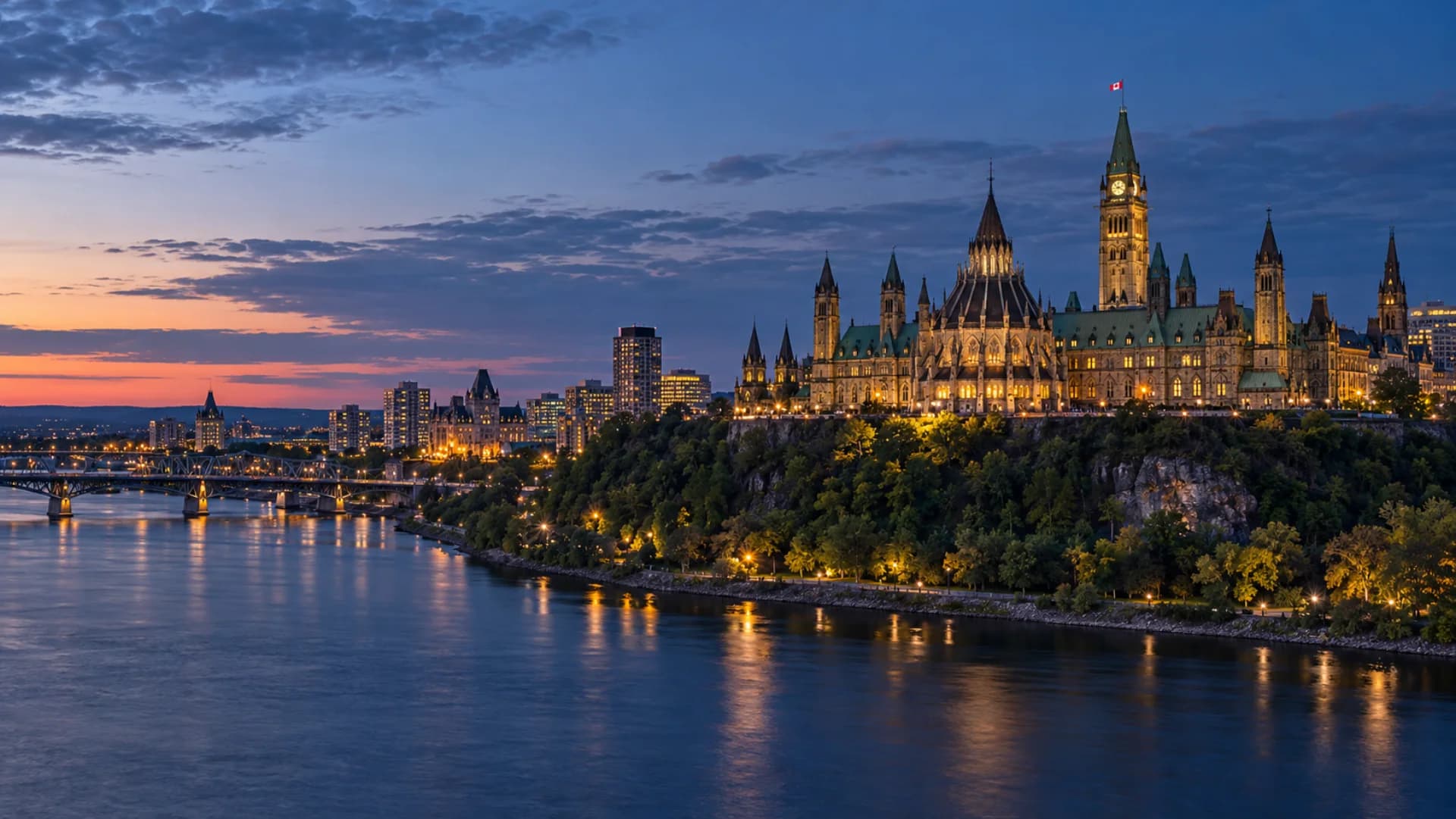 Ottawa, Parliament Hill and the Ottawa River at blue hour