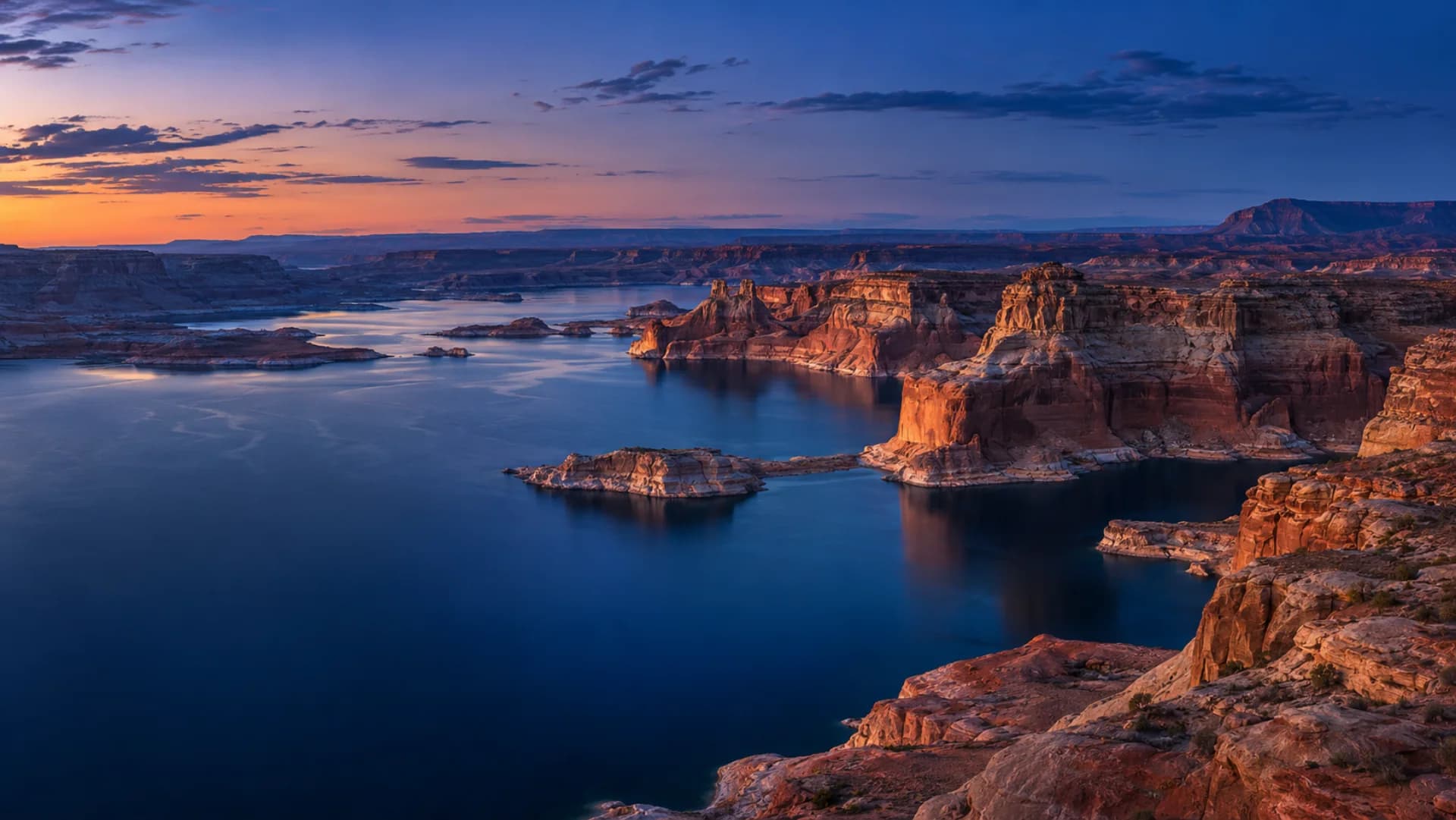 Lake Powell and the sandstone landscape near Page, Arizona at blue hour