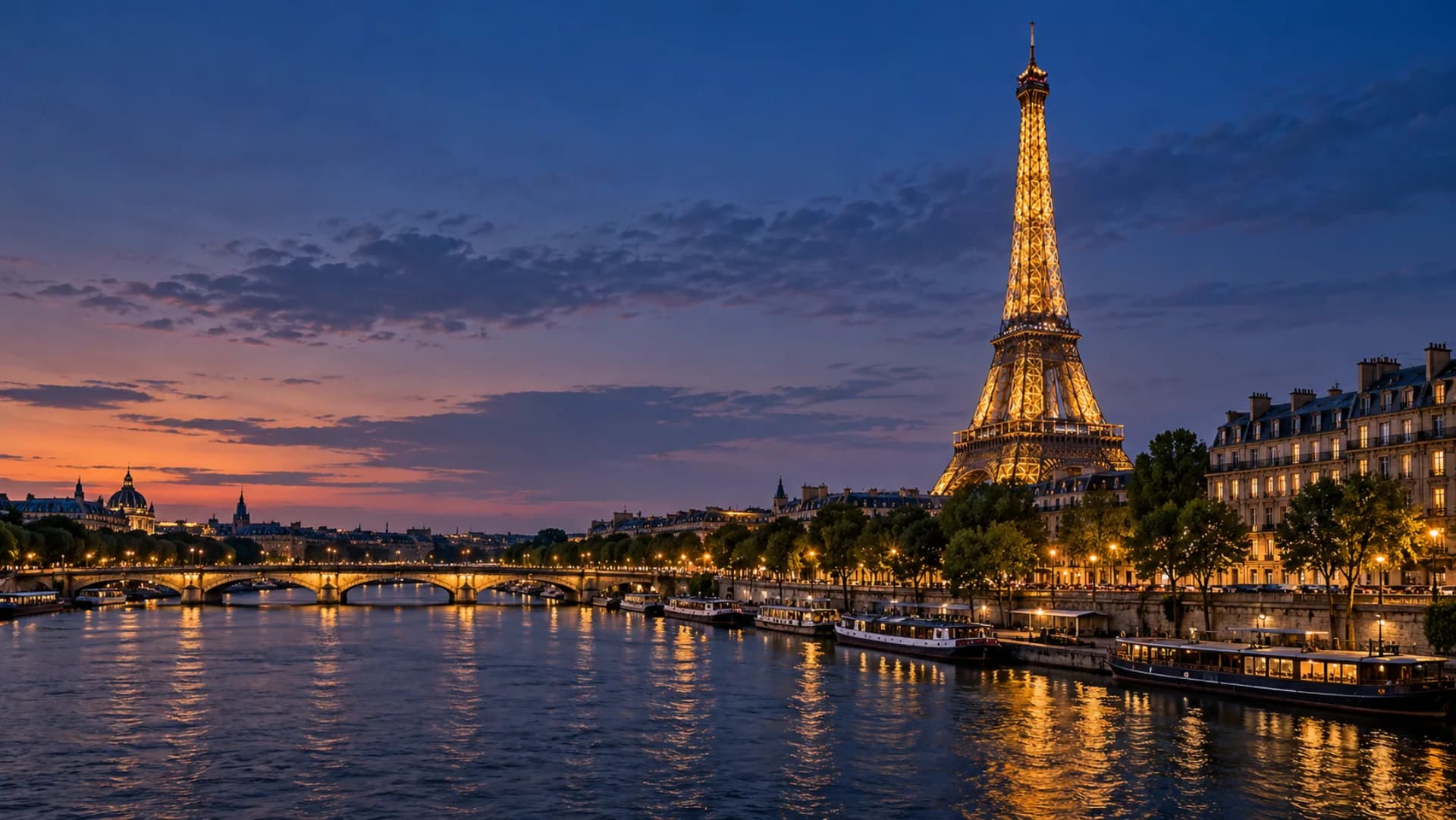 Paris skyline, Eiffel Tower and the Seine at blue hour