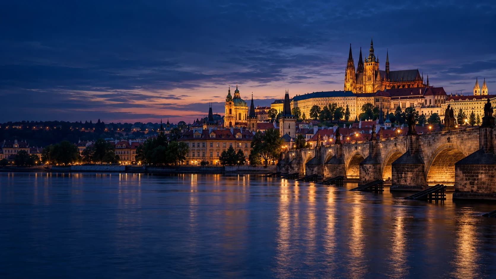 Prague Castle and Charles Bridge at blue hour