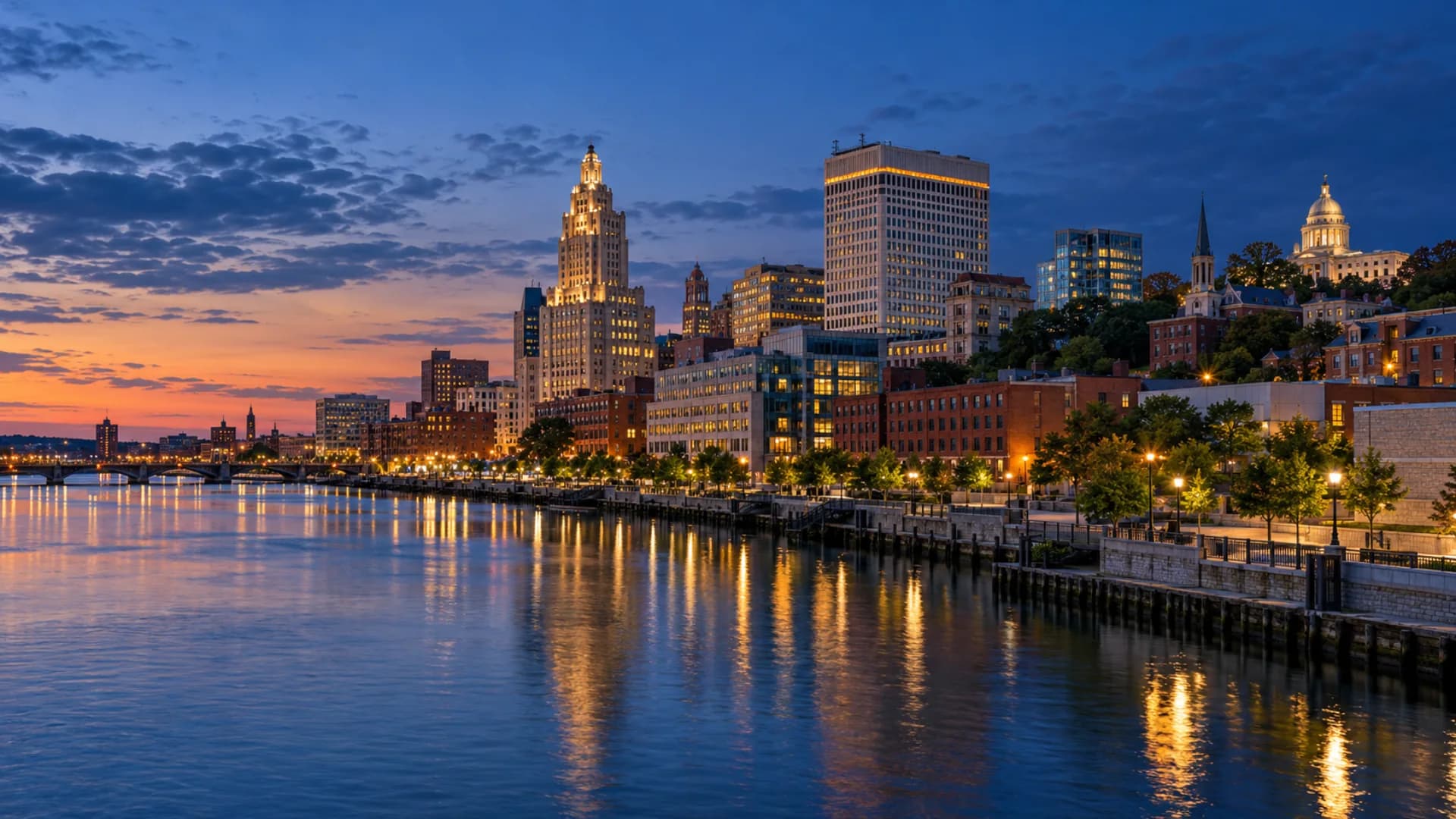 Providence skyline and riverfront at blue hour