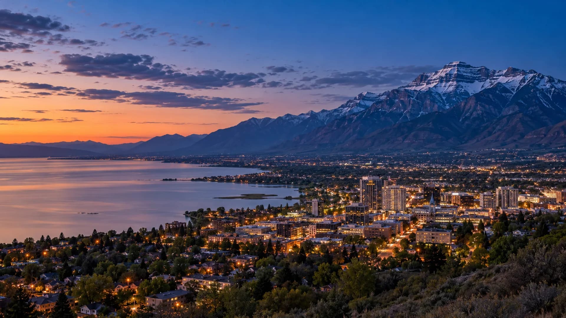 Provo, Utah Lake and Mount Timpanogos at blue hour