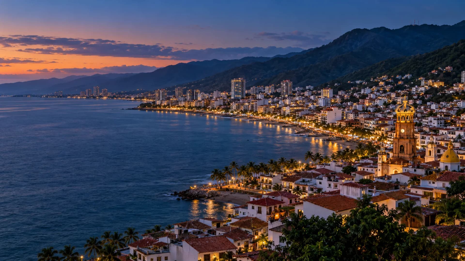 Puerto Vallarta, Bahía de Banderas and the Sierra Madre at blue hour