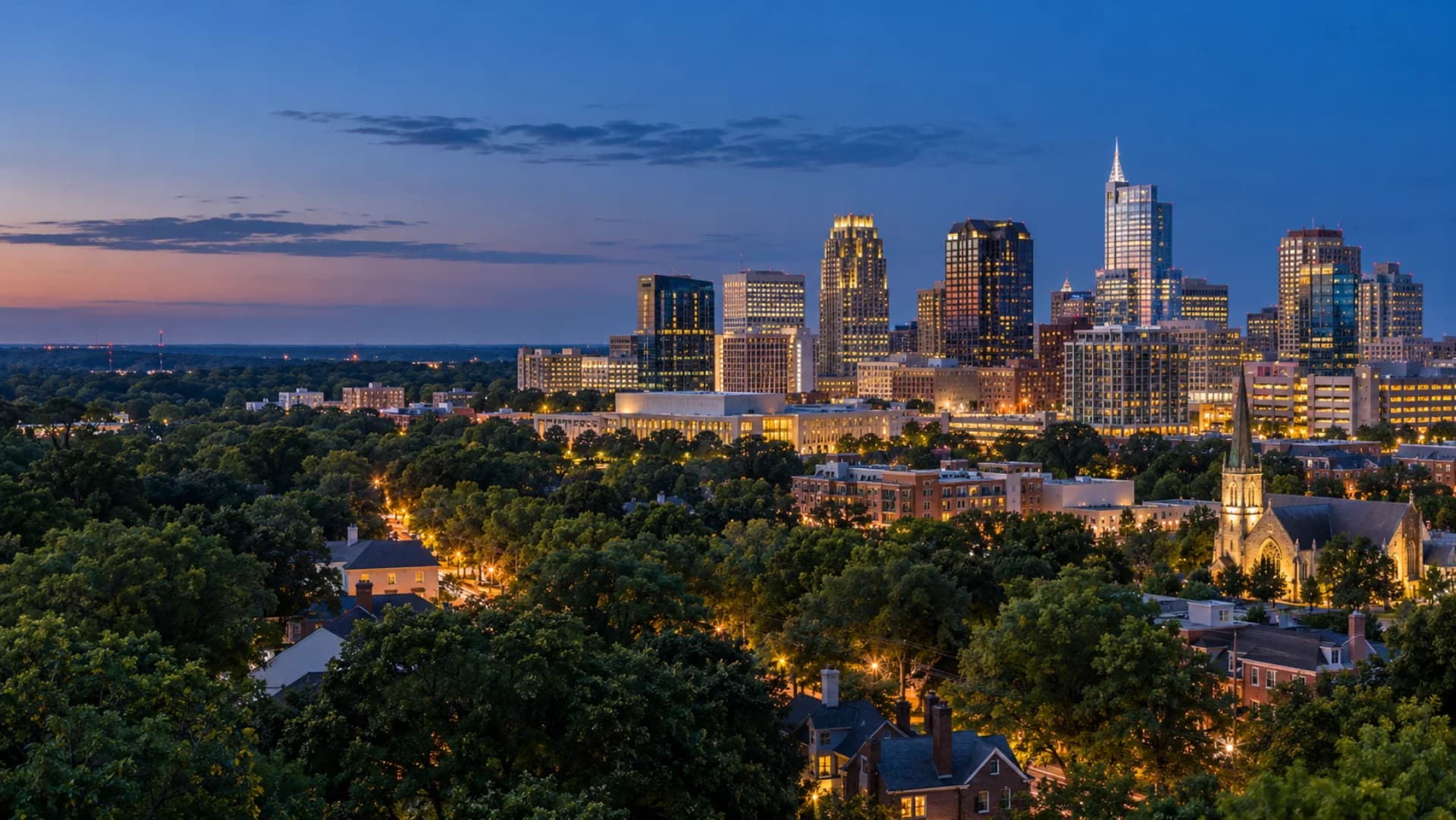 Raleigh skyline and North Carolina oak canopy at blue hour