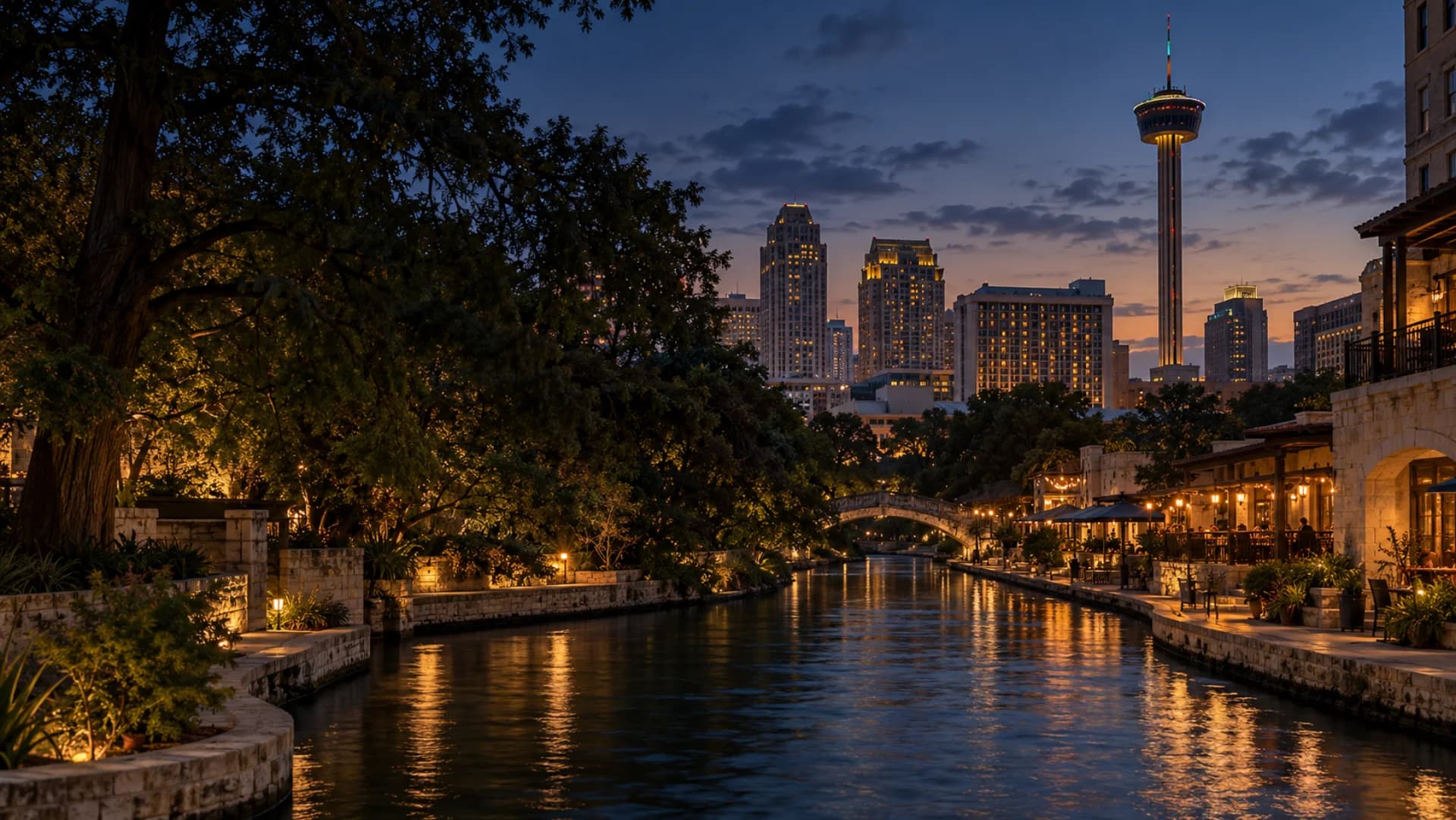 San Antonio River Walk and downtown at blue hour