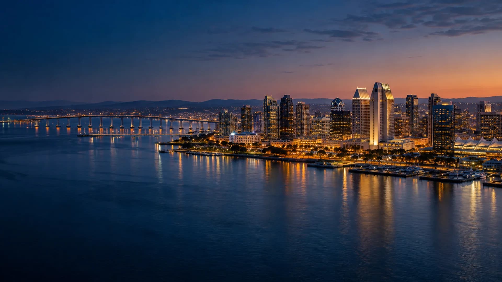 San Diego Bay and the downtown skyline at blue hour