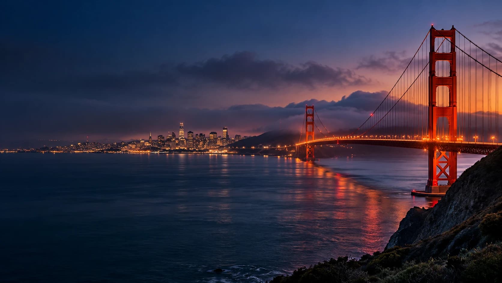 San Francisco Bay and the Golden Gate Bridge at blue hour
