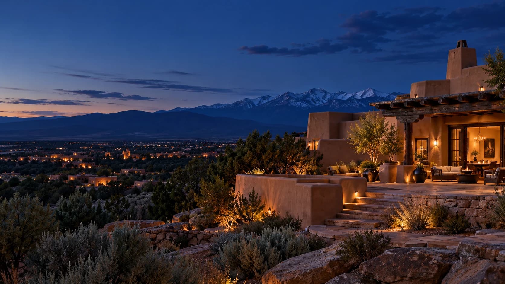 Santa Fe and the Sangre de Cristo Mountains at blue hour