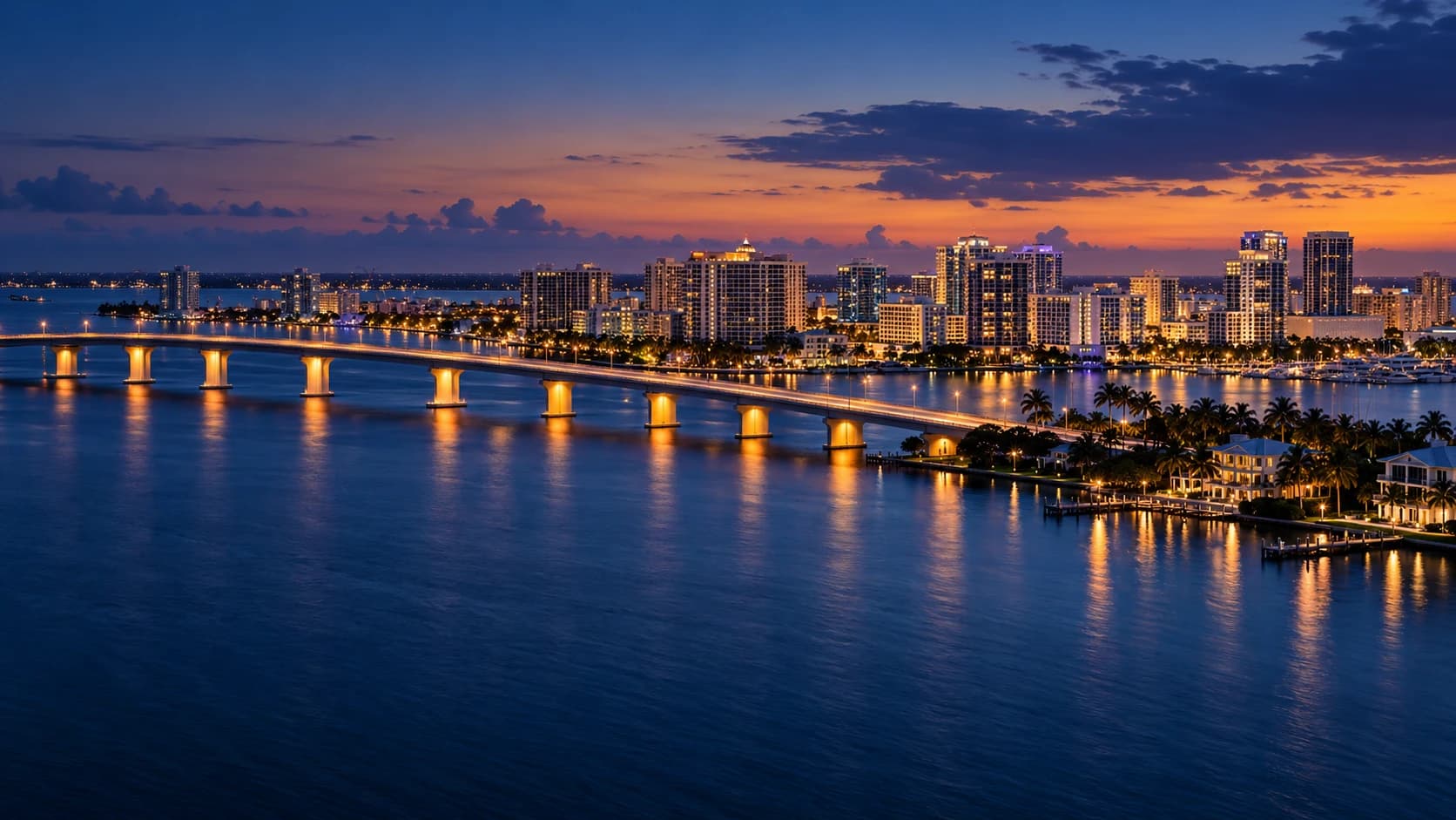 Sarasota Bay, Ringling Bridge and the city skyline at blue hour