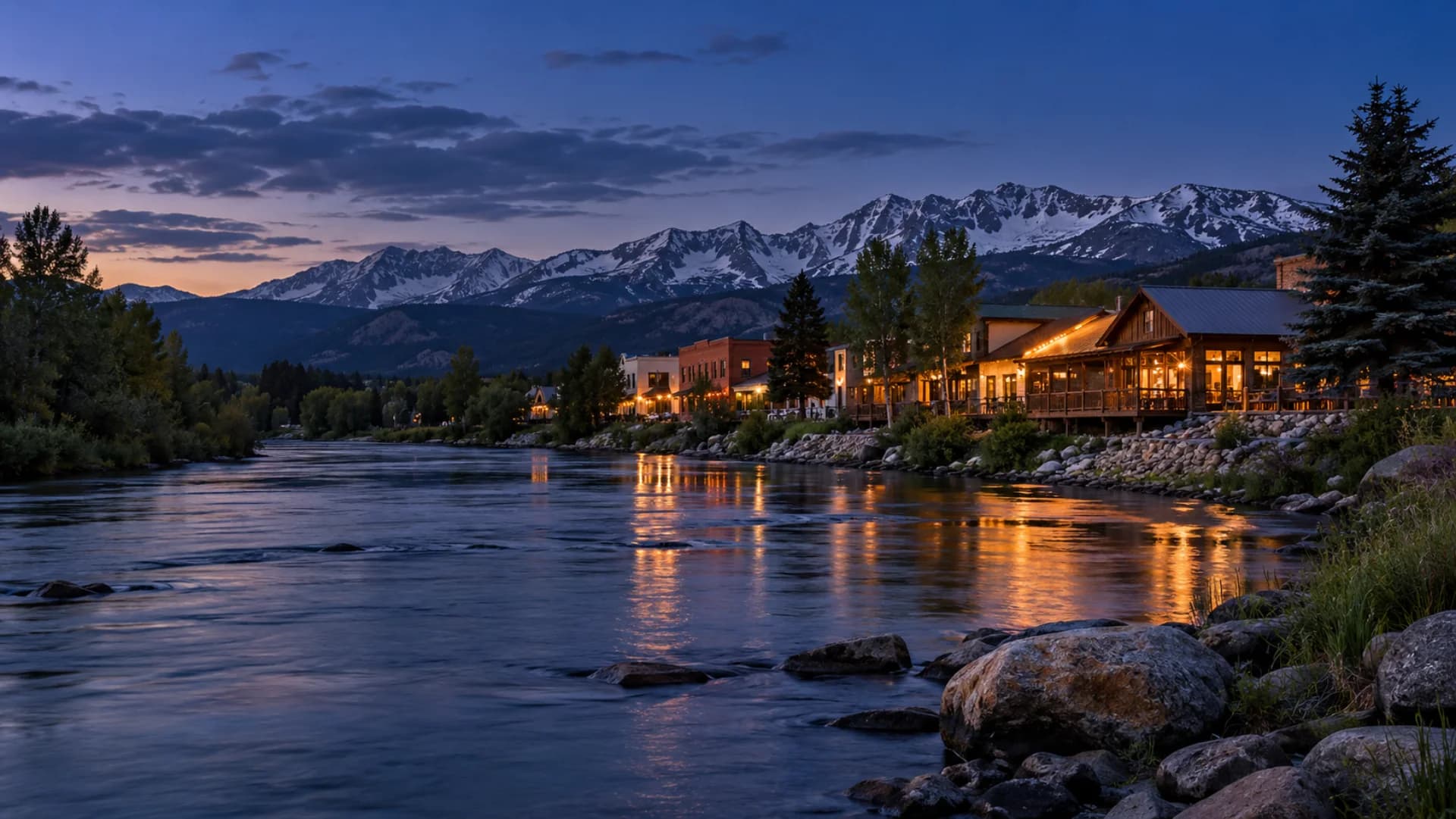 Saratoga beside the North Platte River and Snowy Range at blue hour