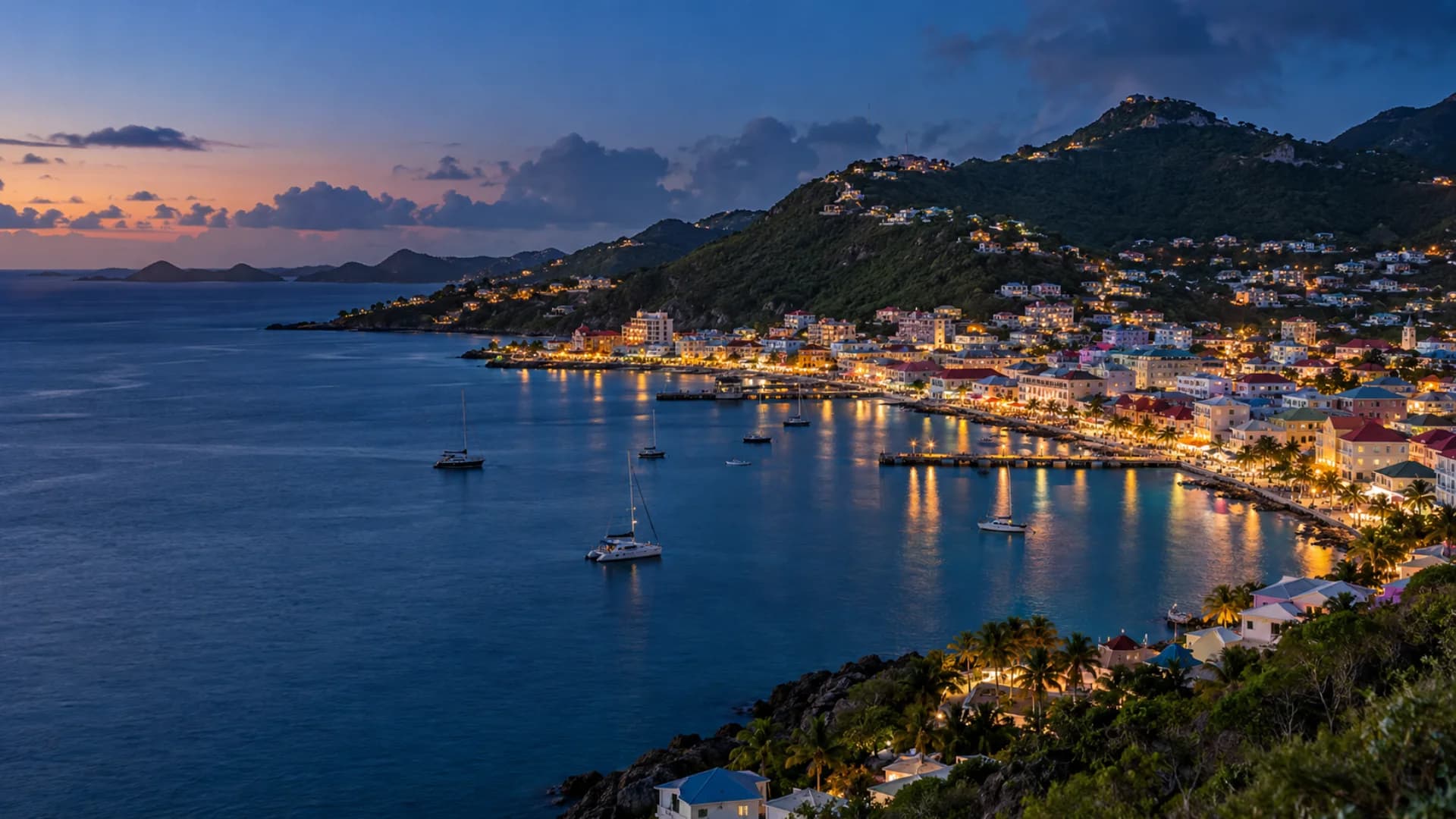 Sint Maarten coastline and Simpson Bay at blue hour