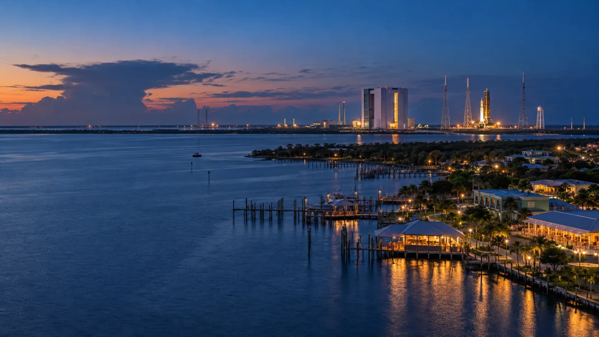 Titusville waterfront and the Indian River Lagoon at blue hour