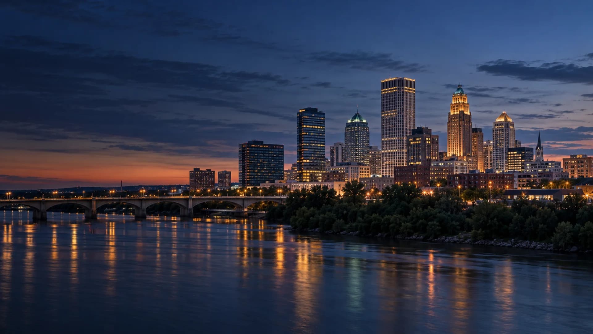 Downtown Tulsa and the Arkansas River at blue hour