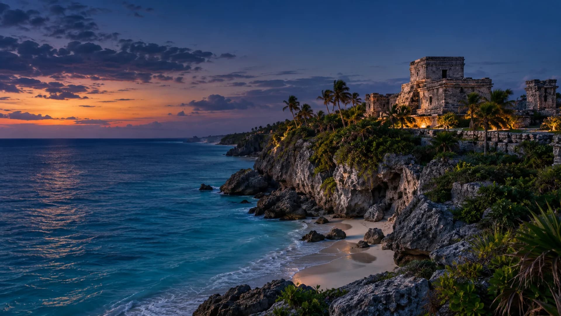 Tulum ruins above the Caribbean Sea at blue hour