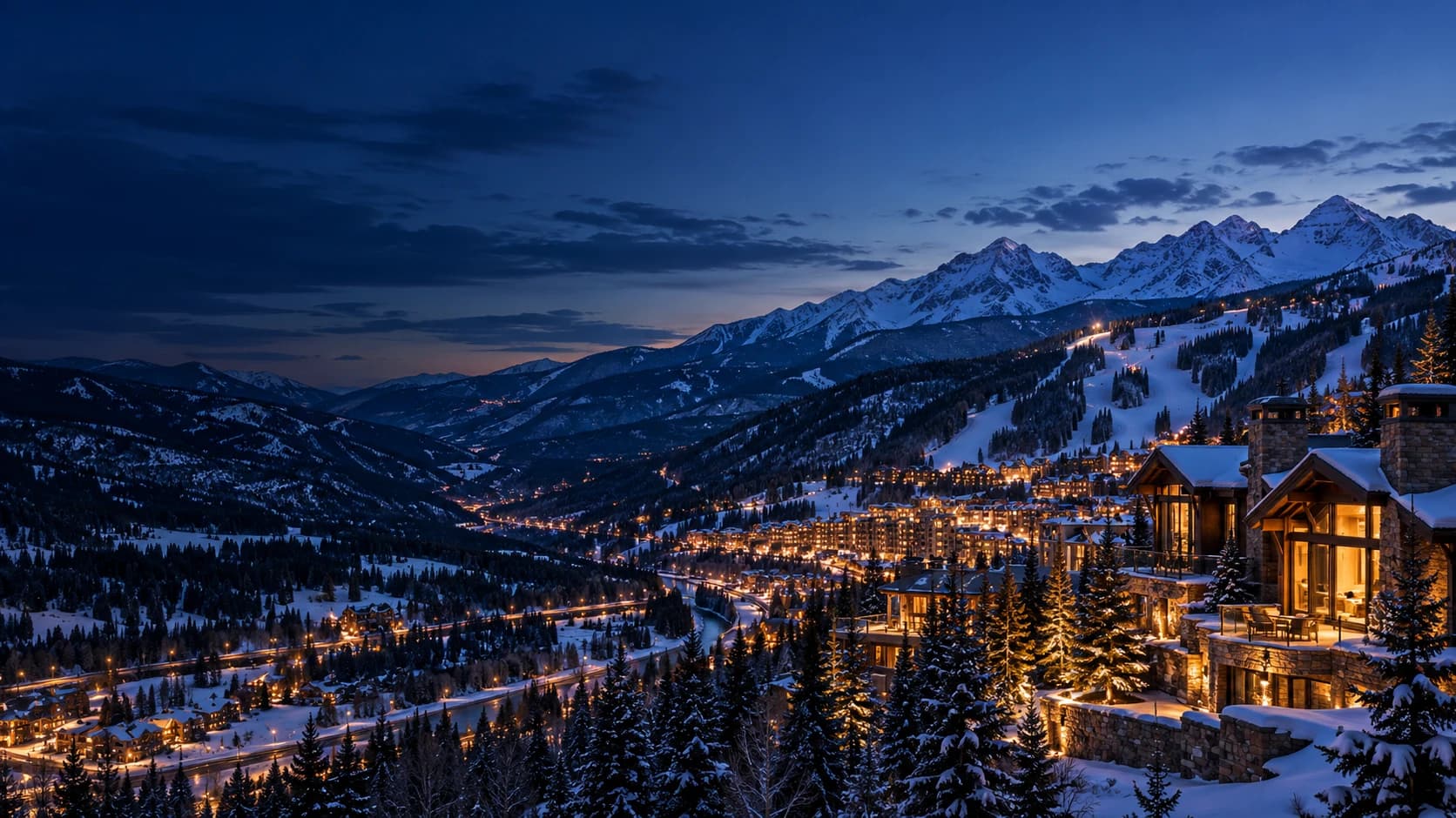 Vail and the Colorado Rockies at blue hour