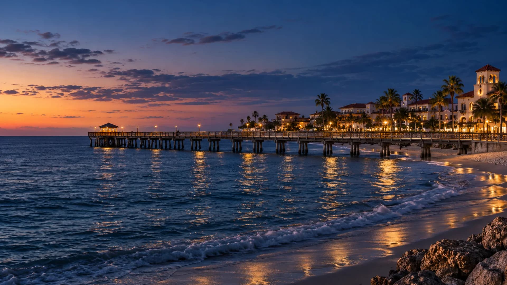 Venice, Florida waterfront and pier at blue hour