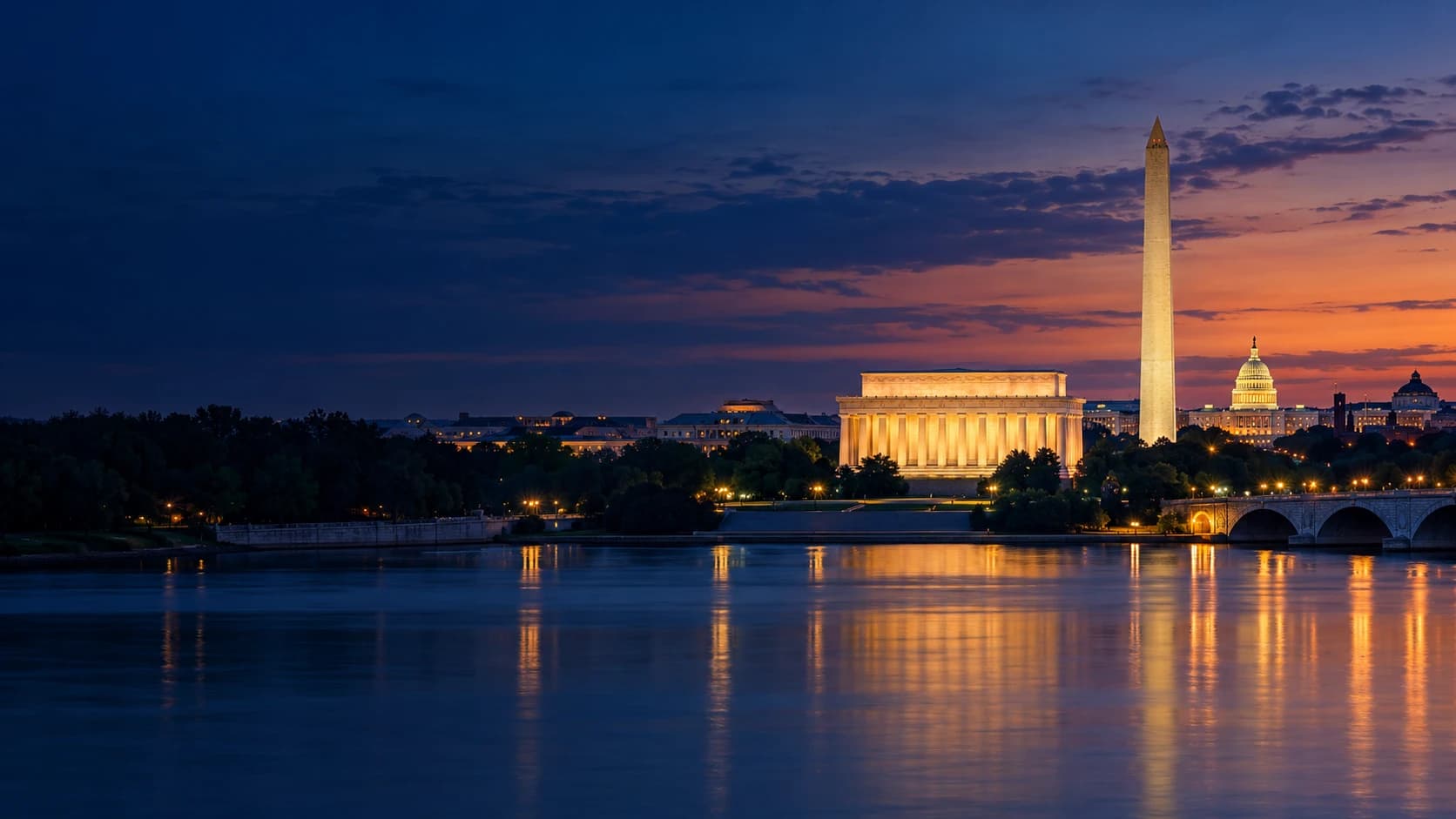 Washington DC skyline and the Potomac at blue hour
