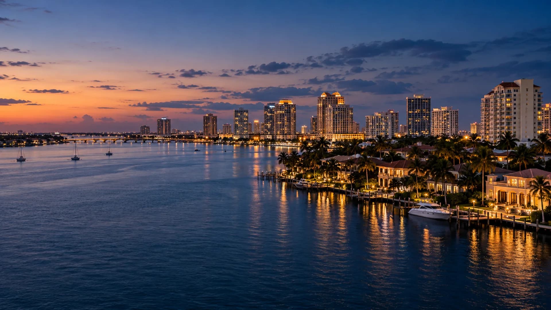West Palm Beach waterfront at blue hour