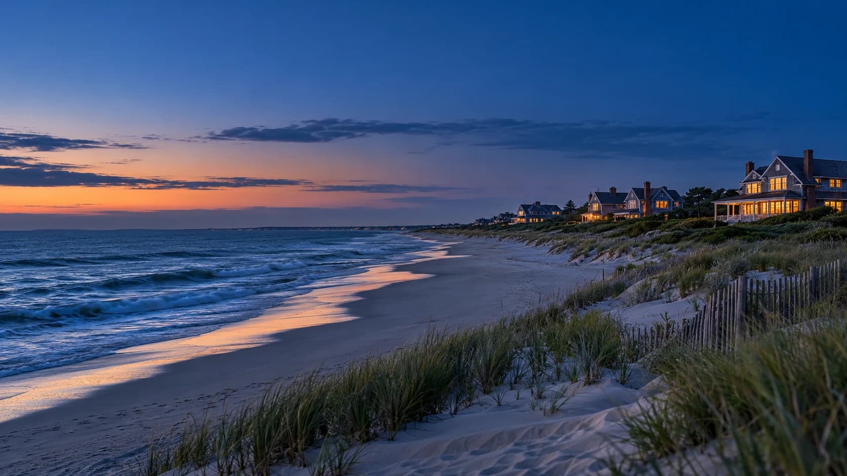 The Atlantic shoreline at Westhampton Beach at blue hour