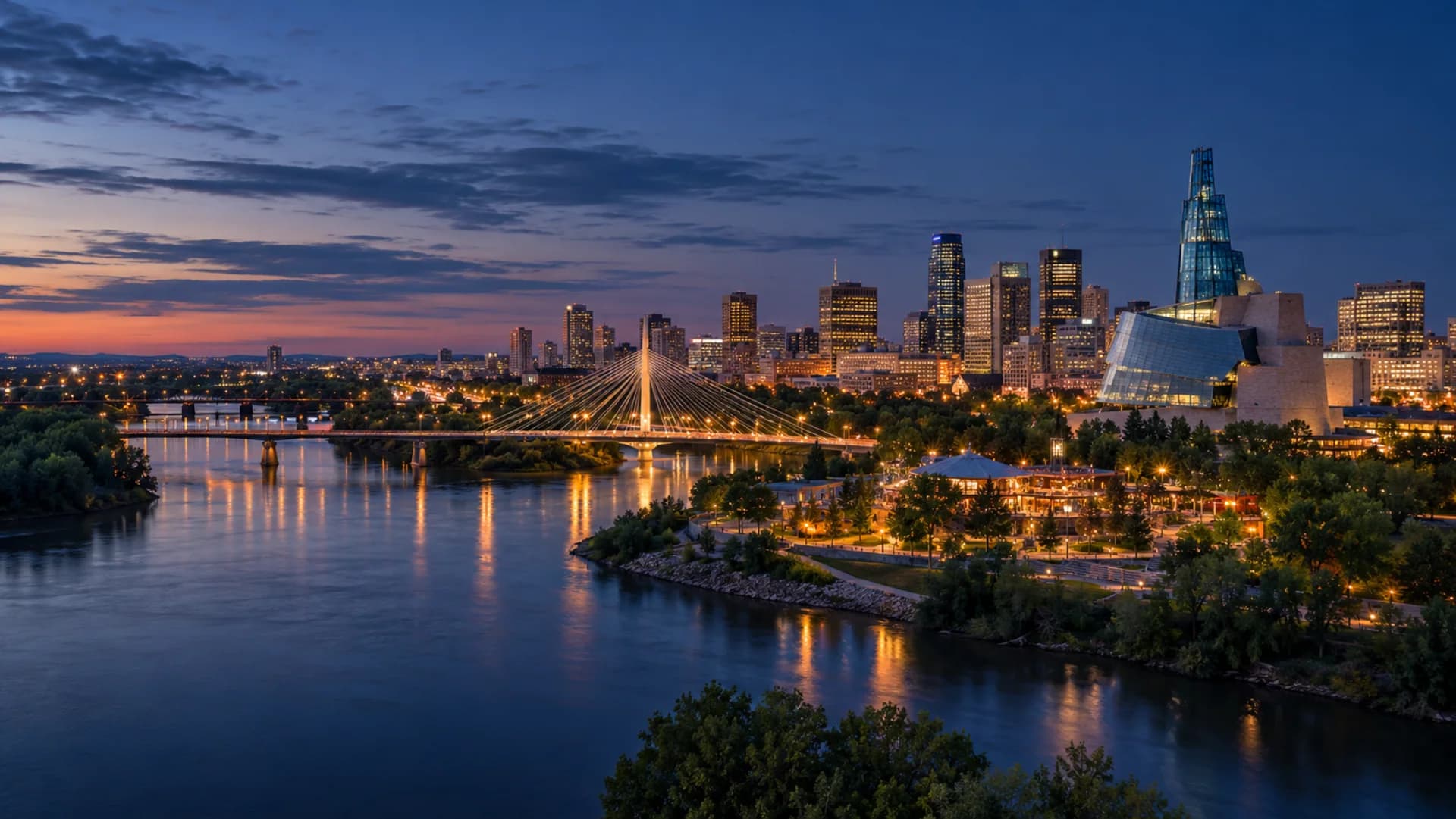 Winnipeg skyline and the Red River at blue hour