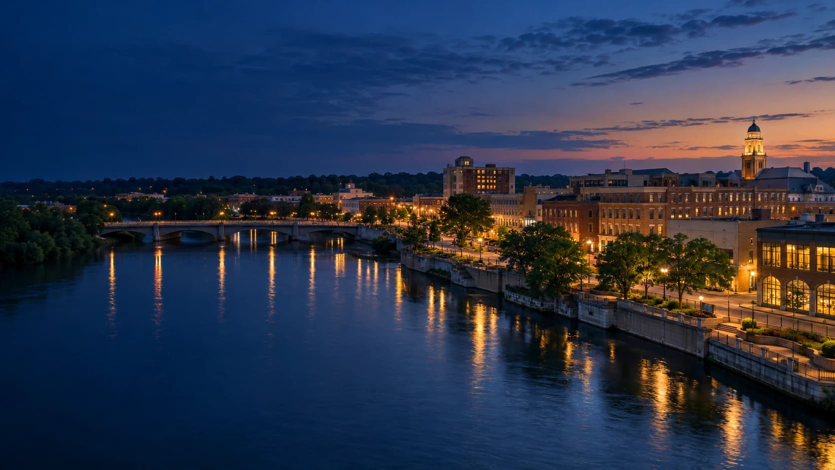 Janesville riverfront and downtown beside the Rock River at blue hour