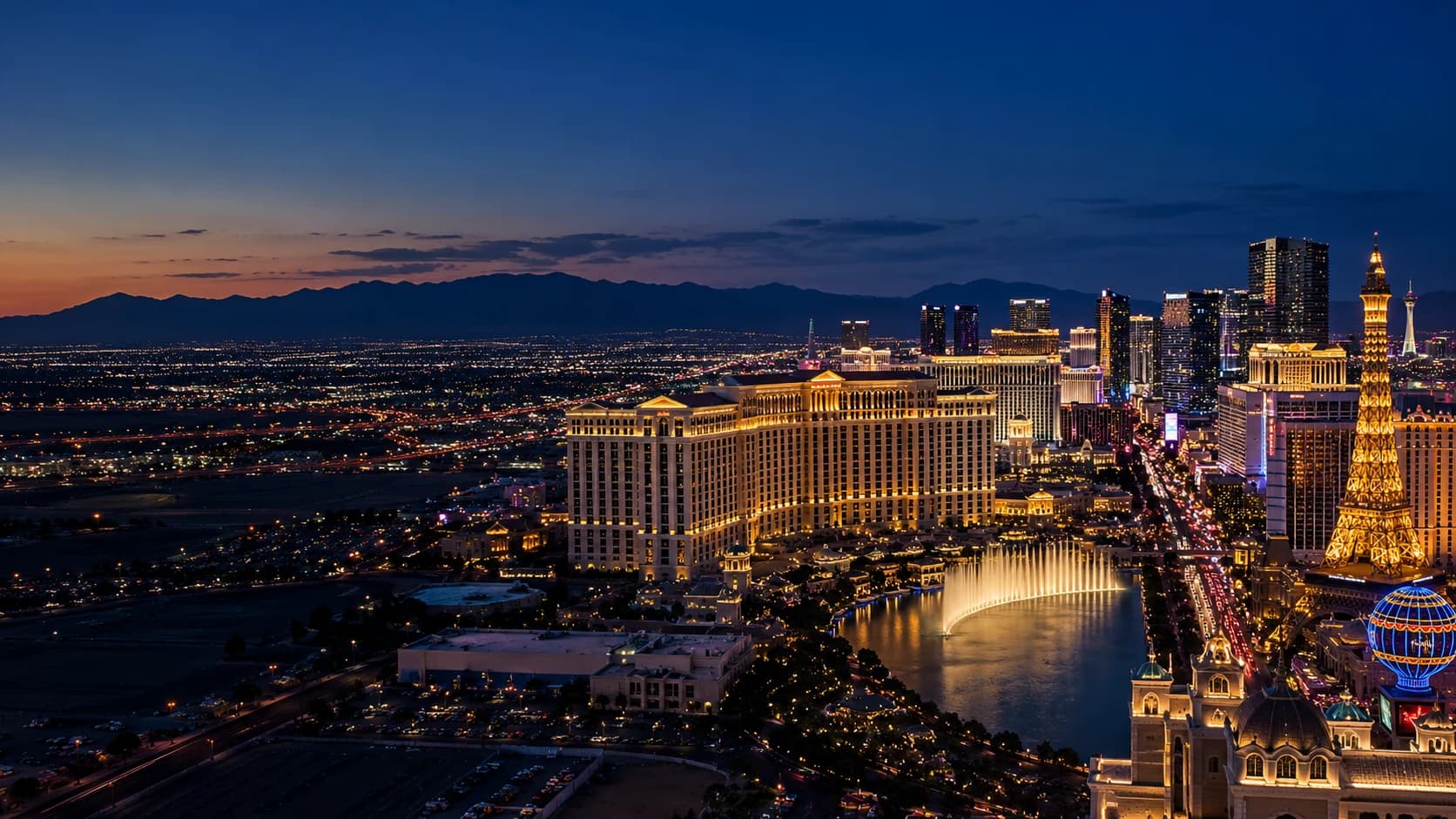 The Las Vegas Strip and Mojave mountains at blue hour