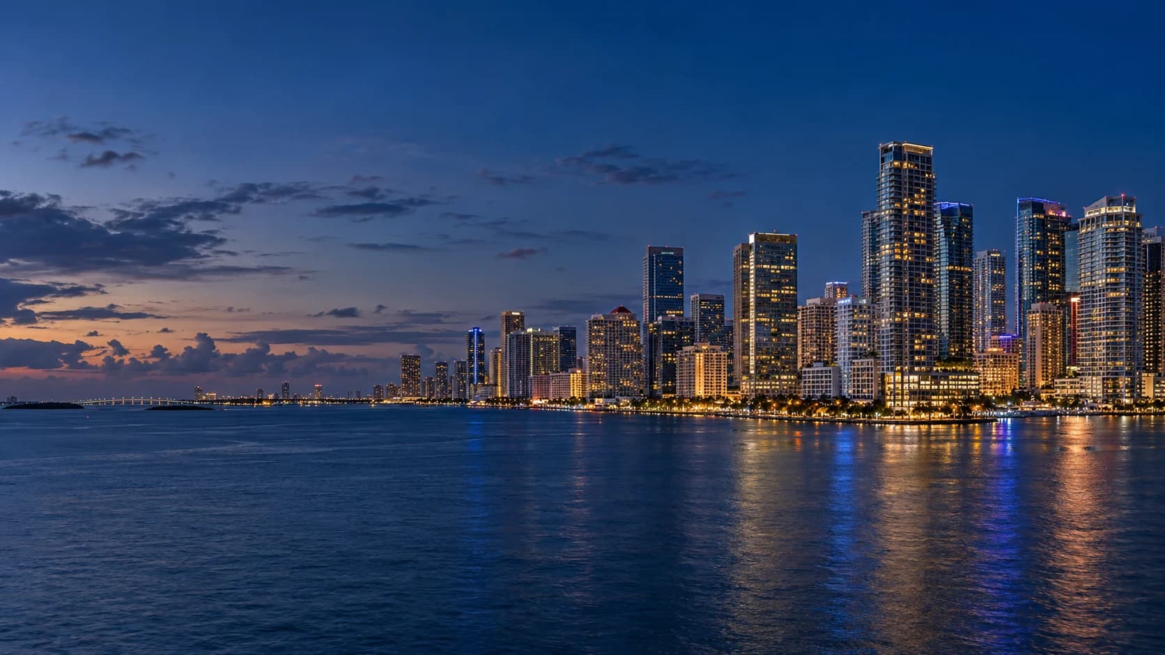 Downtown Miami and Brickell across Biscayne Bay at blue hour