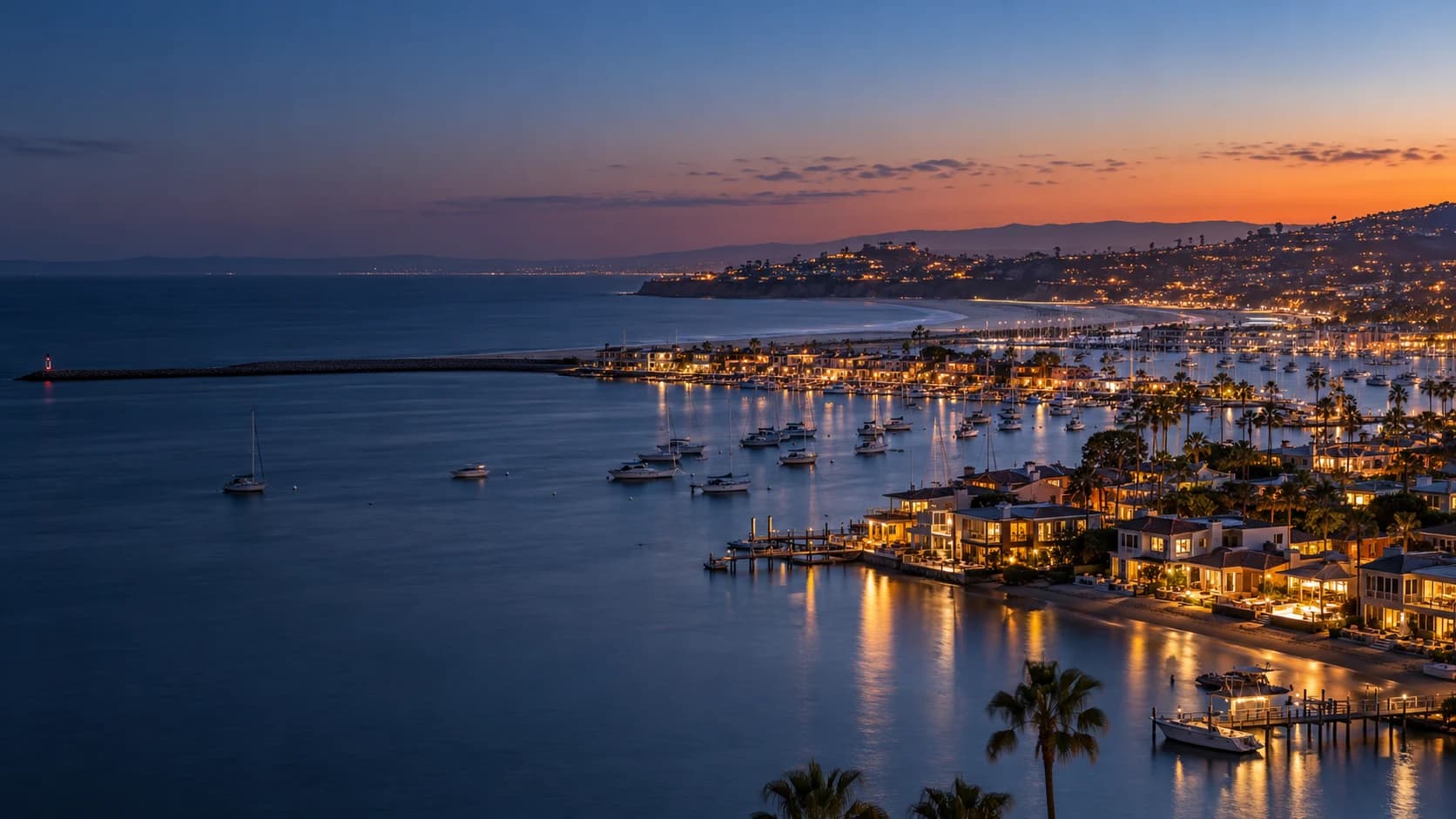 Newport Beach harbour in Orange County at blue hour
