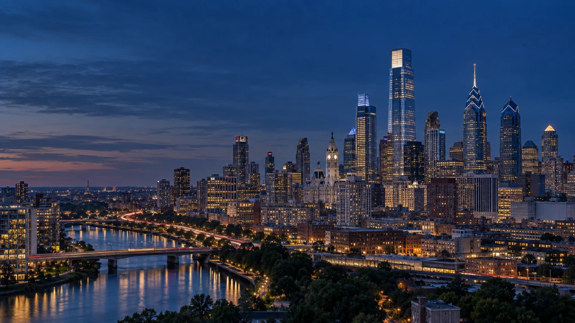 Philadelphia skyline and the Schuylkill River at blue hour