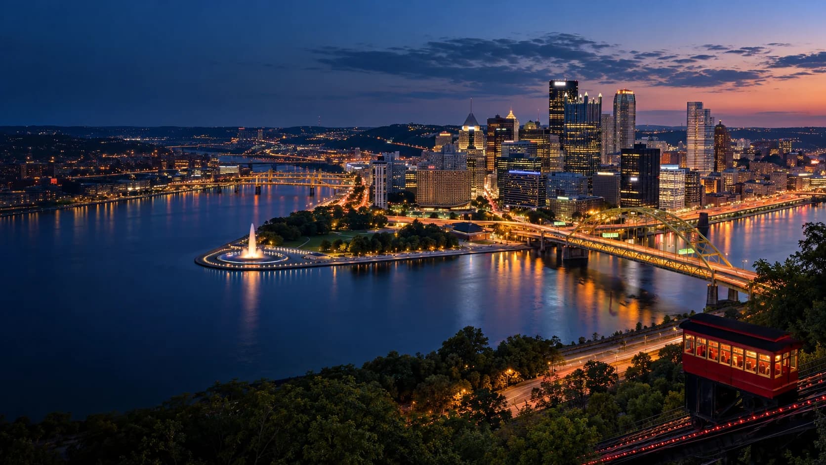 Pittsburgh skyline and the three rivers at blue hour