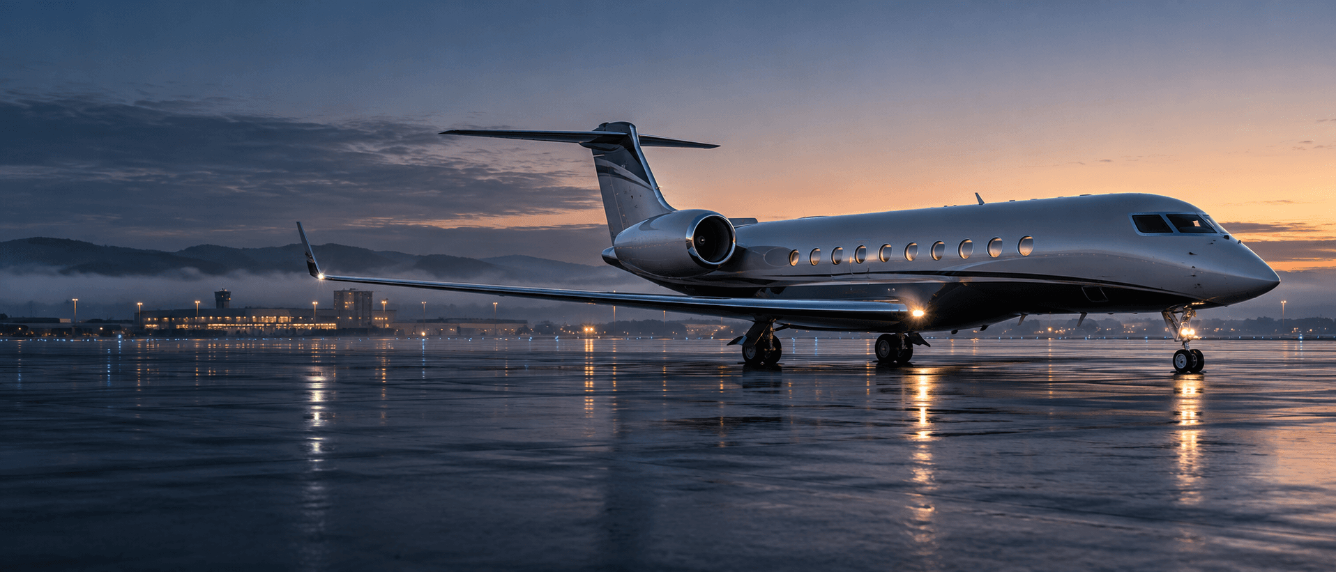 Long-range private jet taxiing before sunrise