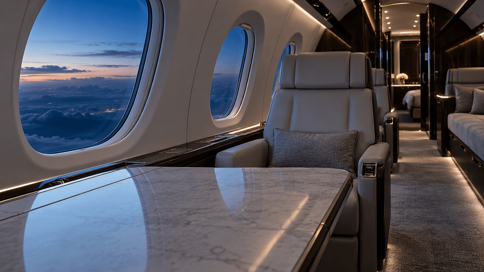Long-range private jet cabin at blue hour