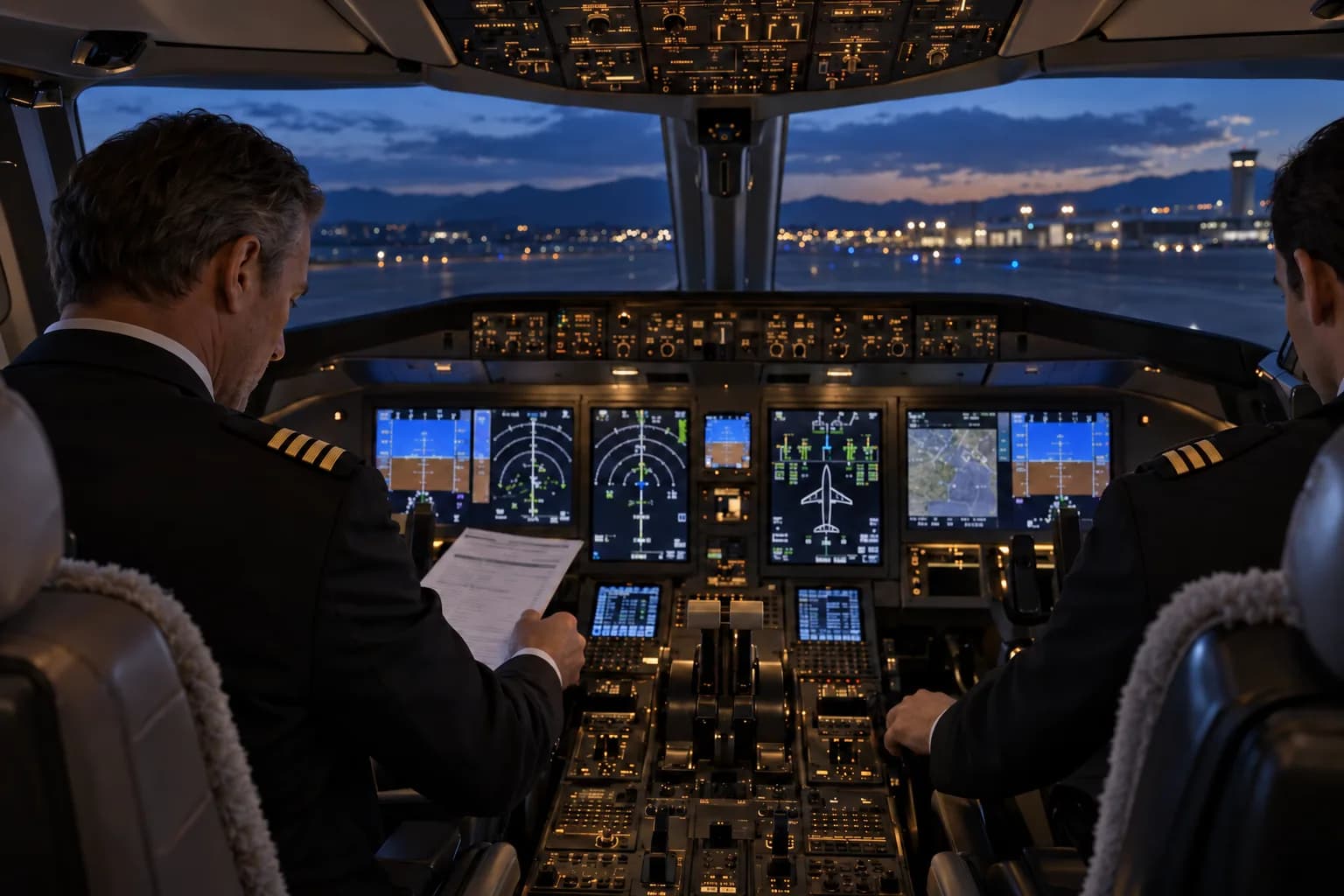 Private jet flight crew preparing the cockpit