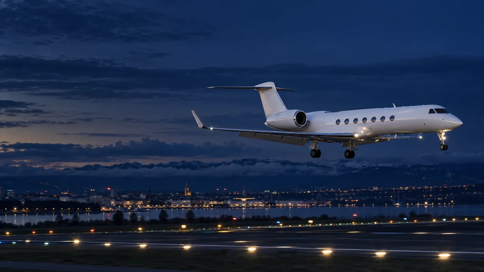 Long-range private jet approaching above the clouds